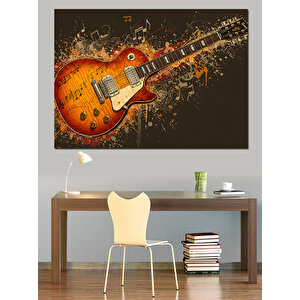 Elektro Gitar Ve Notalar Patlaması Dekoratif Kanvas - Mdf Ahşap Tablo 35x50 cm