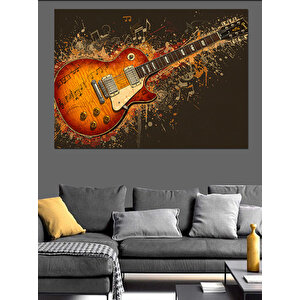 Elektro Gitar Ve Notalar Patlaması Dekoratif Kanvas - Mdf Ahşap Tablo 35x50 cm