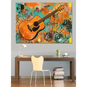Renkli Notalarla Gitar Dekoratif Kanvas - Mdf Ahşap Tablo 70x100 cm