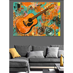 Renkli Notalarla Gitar Dekoratif Kanvas - Mdf Ahşap Tablo 70x100 cm