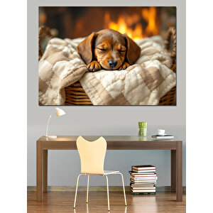 Yastıkta Uyuyan Küçük Yavru Köpek Dekoratif Kanvas - Mdf Ahşap Tablo 25x35 cm