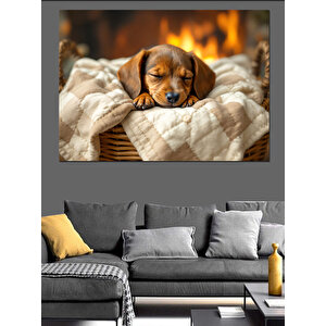 Yastıkta Uyuyan Küçük Yavru Köpek Dekoratif Kanvas - Mdf Ahşap Tablo 25x35 cm