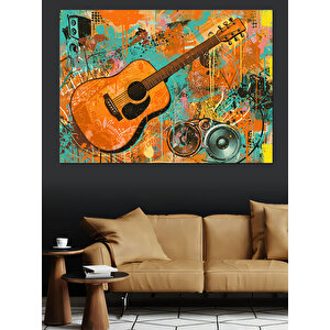 Renkli Notalarla Gitar Dekoratif Kanvas - Mdf Ahşap Tablo 100x140 cm