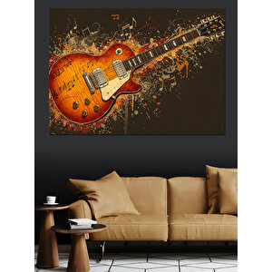 Elektro Gitar Ve Notalar Patlaması Dekoratif Kanvas - Mdf Ahşap Tablo
