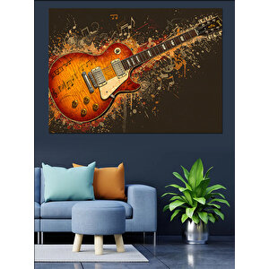 Elektro Gitar Ve Notalar Patlaması Dekoratif Kanvas - Mdf Ahşap Tablo