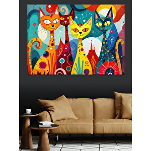 Renkli Stilize Komik Kediler Dekoratif Kanvas - Mdf Ahşap Tablo 35x50 cm