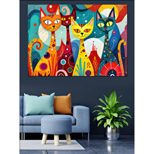 Renkli Stilize Komik Kediler Dekoratif Kanvas - Mdf Ahşap Tablo 35x50 cm