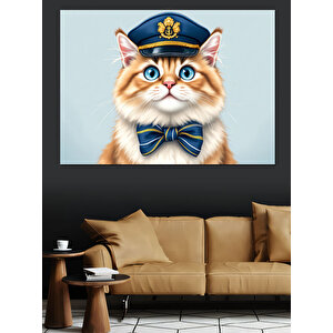 Denizci Şapkalı Kedi Dekoratif Kanvas - Mdf Ahşap Tablo