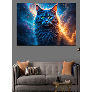 Mavi Parlayan Büyülü Kedi Dekoratif Kanvas - Mdf Ahşap Tablo 100x140 cm