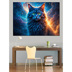 Mavi Parlayan Büyülü Kedi Dekoratif Kanvas - Mdf Ahşap Tablo 100x140 cm