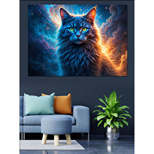 Mavi Parlayan Büyülü Kedi Dekoratif Kanvas - Mdf Ahşap Tablo 70x100 cm