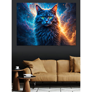 Mavi Parlayan Büyülü Kedi Dekoratif Kanvas - Mdf Ahşap Tablo