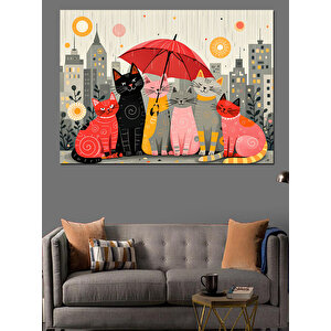 Şemsiyeli Kediler Sevimli Sahne Dekoratif Kanvas - Mdf Ahşap Tablo 100x140 cm