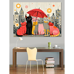 Şemsiyeli Kediler Sevimli Sahne Dekoratif Kanvas - Mdf Ahşap Tablo 100x140 cm