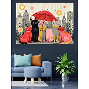 Şemsiyeli Kediler Sevimli Sahne Dekoratif Kanvas - Mdf Ahşap Tablo 35x50 cm