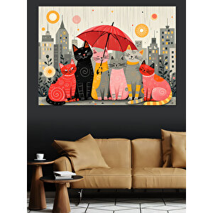 Şemsiyeli Kediler Sevimli Sahne Dekoratif Kanvas - Mdf Ahşap Tablo