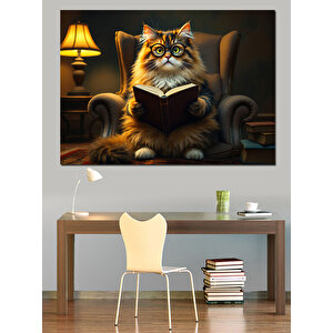 Koltukta Kitap Okuyan Kedi Dekoratif Kanvas - Mdf Ahşap Tablo 50x70 cm