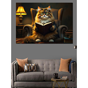 Koltukta Kitap Okuyan Kedi Dekoratif Kanvas - Mdf Ahşap Tablo