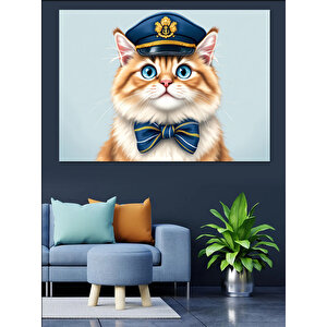 Denizci Şapkalı Kedi Dekoratif Kanvas - Mdf Ahşap Tablo 70x100 cm