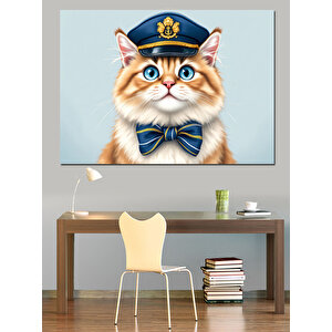 Denizci Şapkalı Kedi Dekoratif Kanvas - Mdf Ahşap Tablo 70x100 cm