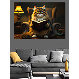 Koltukta Kitap Okuyan Kedi Dekoratif Kanvas - Mdf Ahşap Tablo 25x35 cm