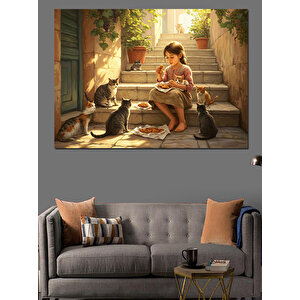 Kediyle Merdivende Akşamüstü Dekoratif Kanvas - Mdf Ahşap Tablo 50x70 cm