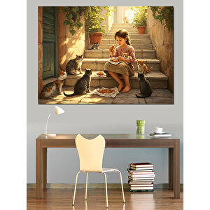 Kediyle Merdivende Akşamüstü Dekoratif Kanvas - Mdf Ahşap Tablo 50x70 cm