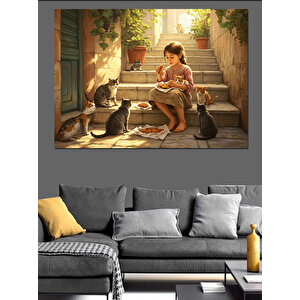 Kediyle Merdivende Akşamüstü Dekoratif Kanvas - Mdf Ahşap Tablo 50x70 cm
