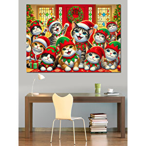 Yılbaşı Kedili Bebekler Dekoratif Kanvas - Mdf Ahşap Tablo 100x140 cm