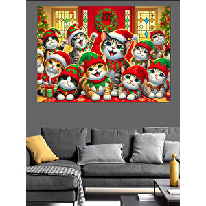 Yılbaşı Kedili Bebekler Dekoratif Kanvas - Mdf Ahşap Tablo 100x140 cm