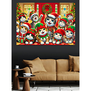 Yılbaşı Kedili Bebekler Dekoratif Kanvas - Mdf Ahşap Tablo 100x140 cm