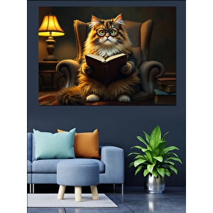 Koltukta Kitap Okuyan Kedi Dekoratif Kanvas - Mdf Ahşap Tablo