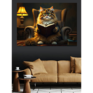 Koltukta Kitap Okuyan Kedi Dekoratif Kanvas - Mdf Ahşap Tablo 70x100 cm