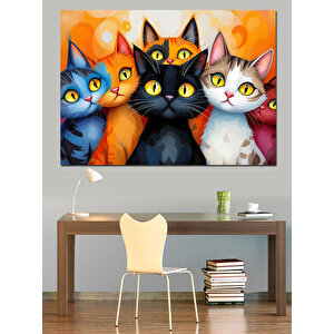 Renkli Sevimli Kediler Dekoratif Kanvas - Mdf Ahşap Tablo 70x100 cm