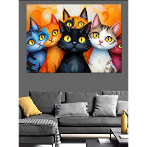 Renkli Sevimli Kediler Dekoratif Kanvas - Mdf Ahşap Tablo 70x100 cm