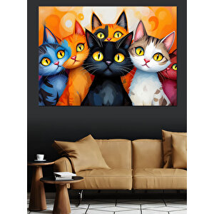 Renkli Sevimli Kediler Dekoratif Kanvas - Mdf Ahşap Tablo 70x100 cm