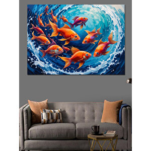 Daire Şeklinde Yüzen Balıklar Dekoratif Kanvas - Mdf Ahşap Tablo 25x35 cm