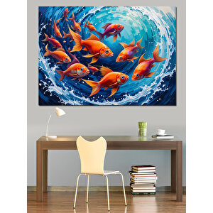 Daire Şeklinde Yüzen Balıklar Dekoratif Kanvas - Mdf Ahşap Tablo 25x35 cm
