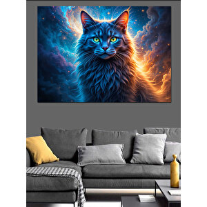 Mavi Parlayan Büyülü Kedi Dekoratif Kanvas - Mdf Ahşap Tablo