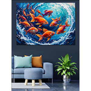 Daire Şeklinde Yüzen Balıklar Dekoratif Kanvas - Mdf Ahşap Tablo 100x140 cm
