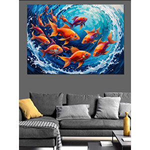 Daire Şeklinde Yüzen Balıklar Dekoratif Kanvas - Mdf Ahşap Tablo