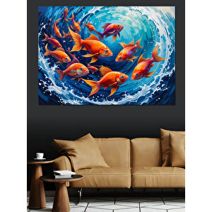 Daire Şeklinde Yüzen Balıklar Dekoratif Kanvas - Mdf Ahşap Tablo
