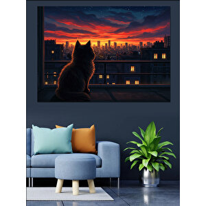 Gece Gökyüzüne Bakan Kedi Dekoratif Kanvas - Mdf Ahşap Tablo 100x140 cm