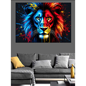 Mavi Kırmızı Aslan Portresi Dekoratif Kanvas - Mdf Ahşap Tablo 100x140 cm
