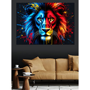Mavi Kırmızı Aslan Portresi Dekoratif Kanvas - Mdf Ahşap Tablo 100x140 cm