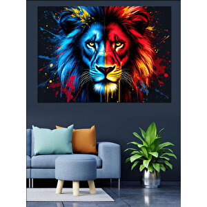 Mavi Kırmızı Aslan Portresi Dekoratif Kanvas - Mdf Ahşap Tablo 35x50 cm