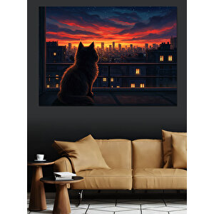 Gece Gökyüzüne Bakan Kedi Dekoratif Kanvas - Mdf Ahşap Tablo 50x70 cm