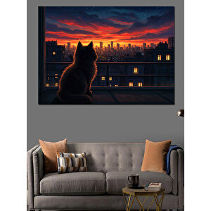 Gece Gökyüzüne Bakan Kedi Dekoratif Kanvas - Mdf Ahşap Tablo 50x70 cm
