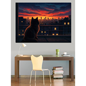 Gece Gökyüzüne Bakan Kedi Dekoratif Kanvas - Mdf Ahşap Tablo