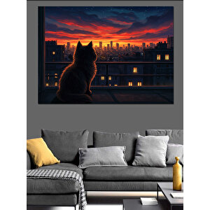 Gece Gökyüzüne Bakan Kedi Dekoratif Kanvas - Mdf Ahşap Tablo